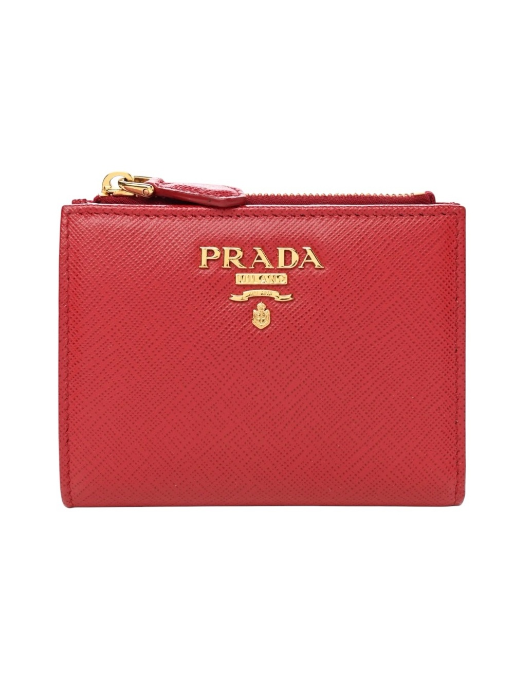 Prada Fuolo Red Saffiano Leather Small Compact Metal Bifold Wallet Auth IML023